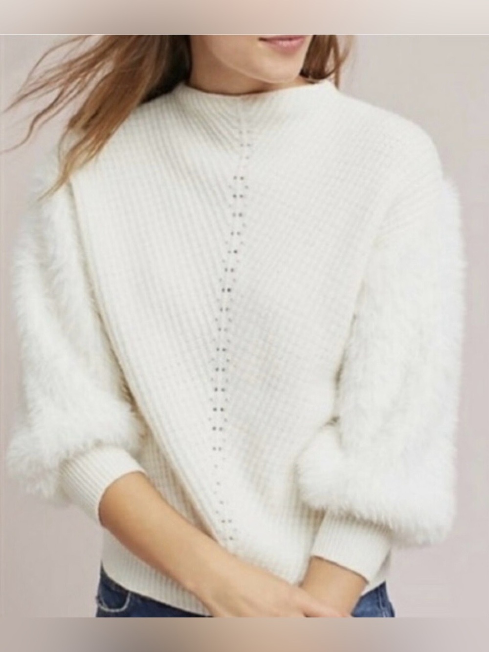 Anthropologie Knitted & Knotted Fuzzy Sleeve Wool Blend Sweater S